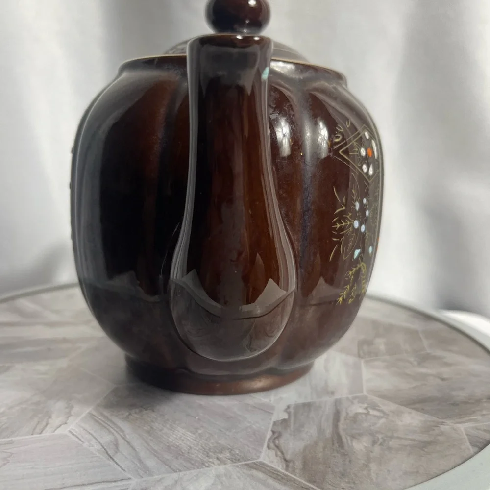 Vintage Hand-Painted Brown Ceramic Teapot from Japan – Floral Motif, 6.5” - Picture 9 of 10